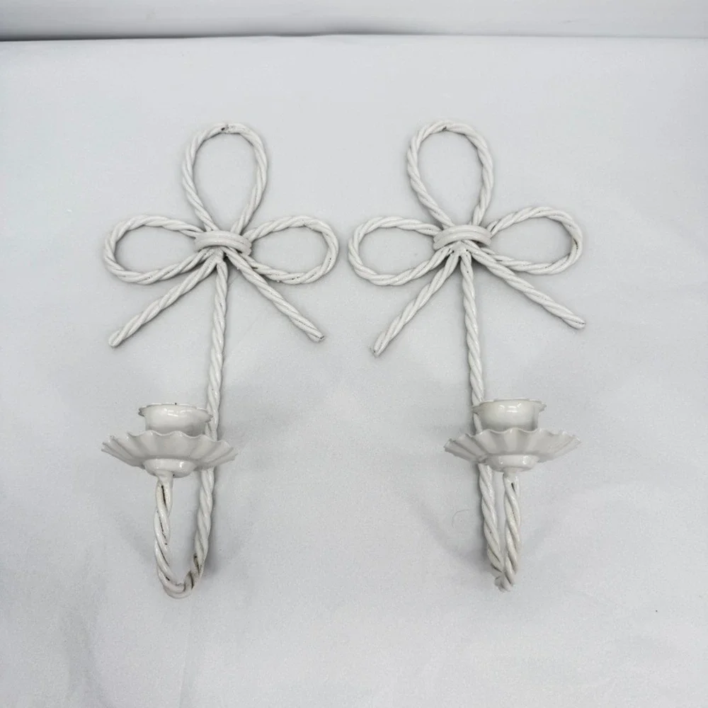 Homco Twisted Rope & Bow Tapler Candle‎ Wall Sconce PAIR White Metal VTG 2 Pc